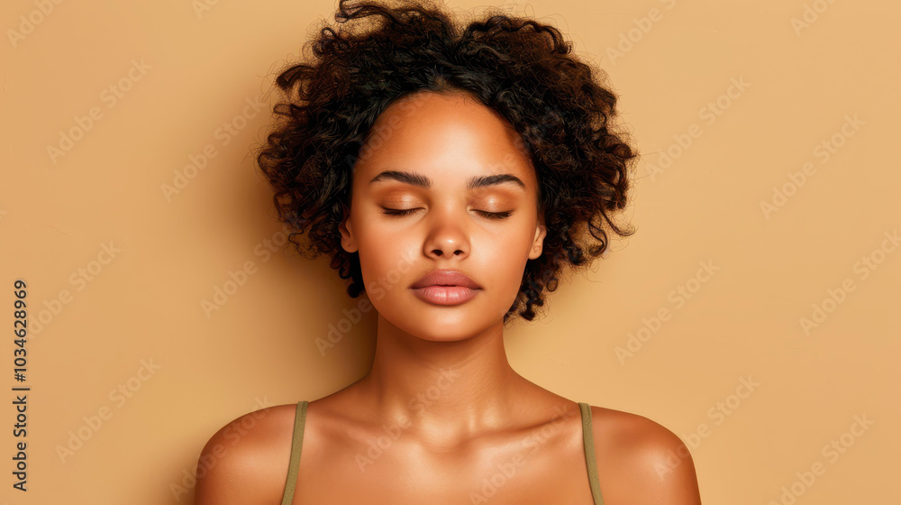 A serene portrait of a young woman with closed eyes, exhibiting a chic khaki outfit against a soft beige backdrop.