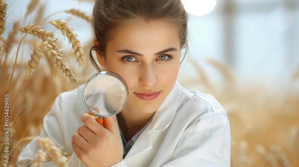 A dedicated woman agronomist examines wheat shoots closely with a magnifying glass to enhance crop growth. A dedicated woman agronomist examines wheat shoots closely with a magnifying glass to enhance crop growth.