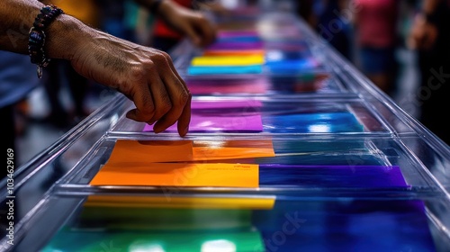 A hand reaches for a colorful paper in a display at a busy event. photo