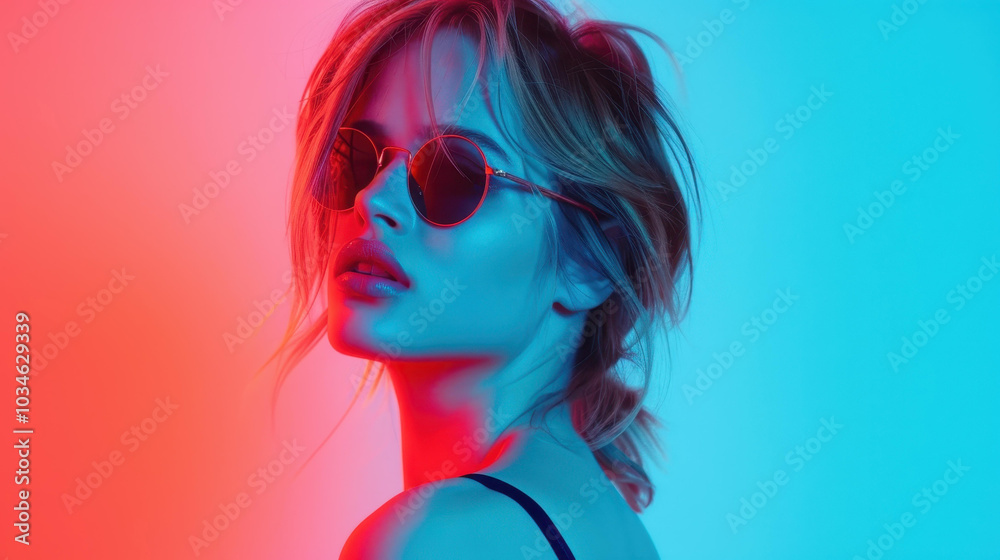 A trendy young girl sports chic sunglasses, glowing in vibrant red and blue neon lights, showcasing a cyber vibe. A trendy young girl sports chic sunglasses, glowing in vibrant red and blue neon lights, showcasing a cyber vibe.