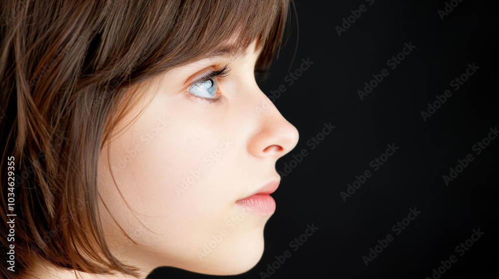 A stunning closeup of a young girl with captivating features, set against a deep black backdrop. Perfect for dramatic effect. A stunning closeup of a young girl with captivating features, set against a deep black backdrop. Perfect for dramatic effect.