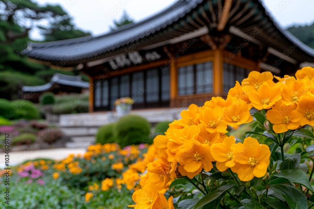 A Kerria Japonica bush blooming in front of a traditional Japanese house, blending culture and nature A Kerria Japonica bush blooming in front of a traditional Japanese house, blending culture and nature