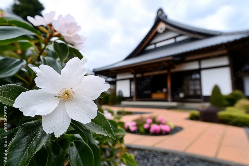 A Kerria Japonica bush blooming in front of a traditional Japanese house, blending culture and nature A Kerria Japonica bush blooming in front of a traditional Japanese house, blending culture and nature