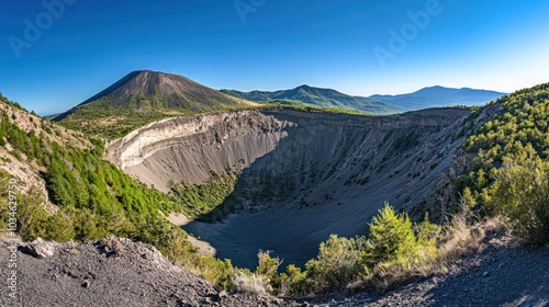 A panoramic view of a volcanic crater, with green vegetation growing on the slopes and a blue sky in the background.