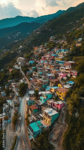 Colorful houses are crowding a mountainside in a tropical country