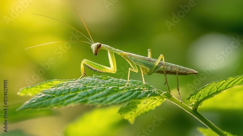 A green praying mantis perched on a leaf with a soft green background.