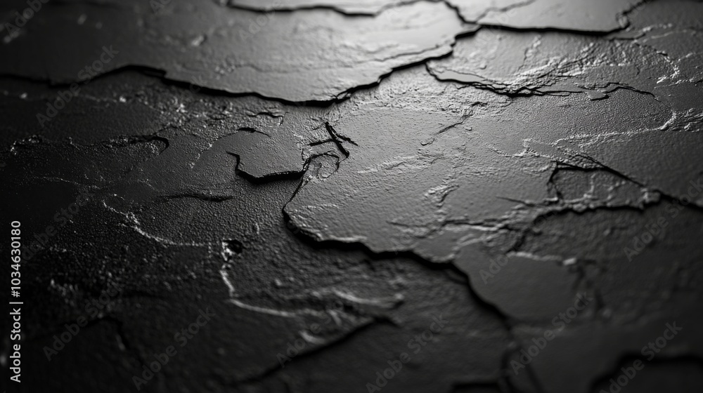Close-up view of a textured black surface showcasing intricate cracks illuminated by soft light, revealing the unique patterns of the material.
