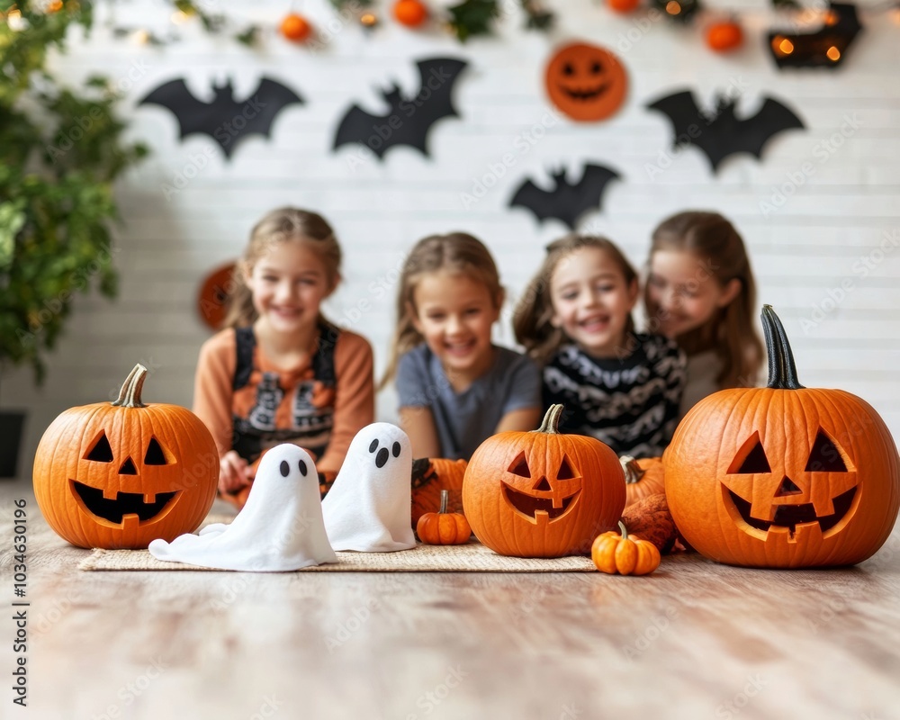 A lively Halloween family pumpkin bowling competition with kids rolling pumpkins toward ghost-shaped pins A lively Halloween family pumpkin bowling competition with kids rolling pumpkins toward ghost-shaped pins
