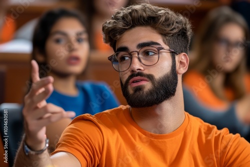 A classroom where students debate ideas, with two sides passionately expressing opposing views photo