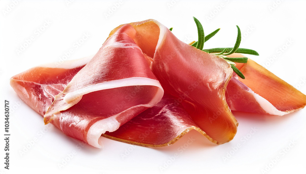 Delicious Serrano ham, cured jamon iberico, isolated on white background Delicious Serrano ham, cured jamon iberico, isolated on white background