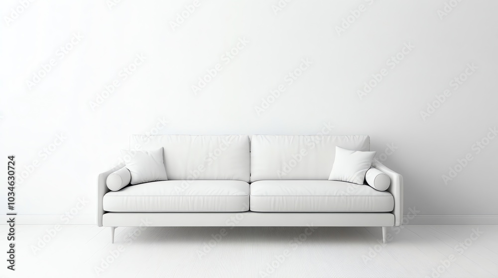 Obraz premium A white sofa with two pillows in front of a white wall in a minimalist living room.
