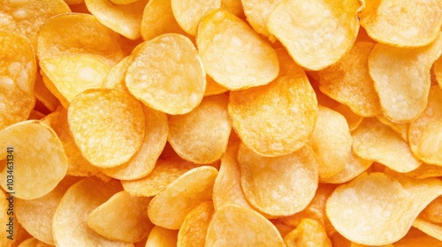 Crispy, golden potato chips stacked high, emphasizing their texture and savory tastea perfect indulgent snack. photo