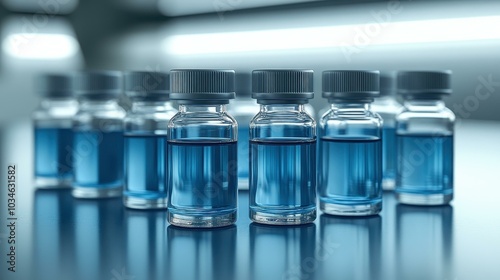 Precisionaligned pharmaceutical vials rest on a sleek surface, showcasing careful research and quality in a lab.