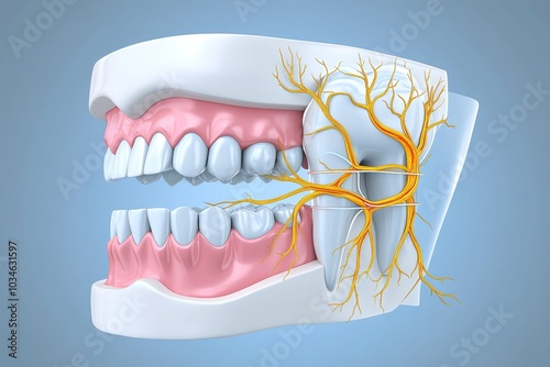 A diagram of mandibular nerve pathways, showing their distribution through the jaw and teeth photo