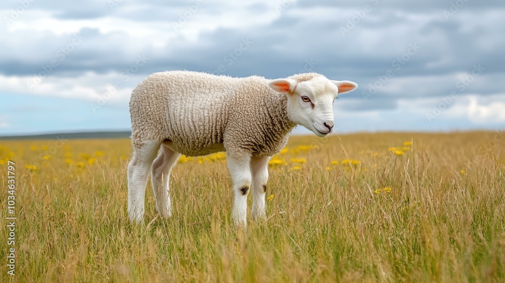 A serene scene of a lamb peacefully grazing in a lush meadow, embodying the tranquility of rural life under cloudy skies. A serene scene of a lamb peacefully grazing in a lush meadow, embodying the tranquility of rural life under cloudy skies.