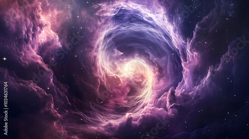 A cosmic energy tunnel with swirling nebula clouds and stars at the center