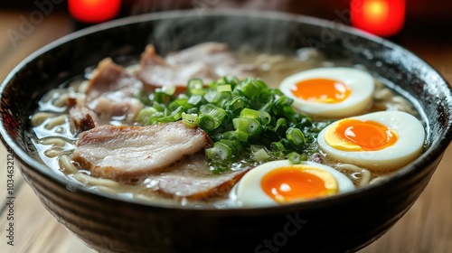 Delicious Japanese Ramen Bowl with Steaming Pork, Soft-Boiled Eggs, Fresh Green Onions, and Flavorful Broth in Black Bowl with Ambiance of Red Lanterns