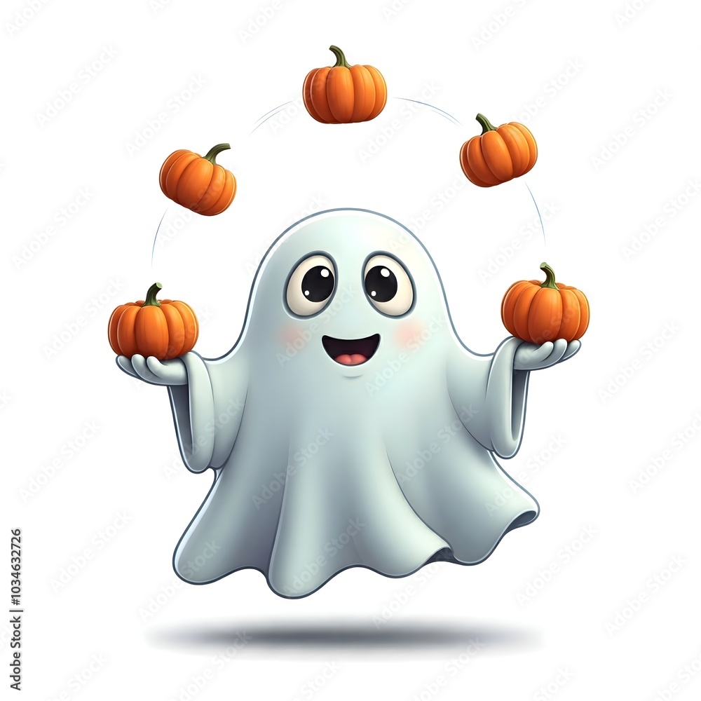 Fototapeta premium Cheerful Ghost Juggling Pumpkins Bringing Halloween Joy