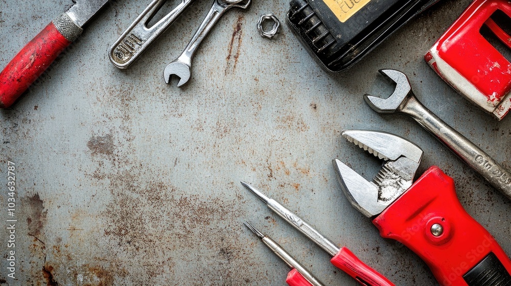 Essential Hand Tools on Rusty Metal Background Essential Hand Tools on Rusty Metal Background