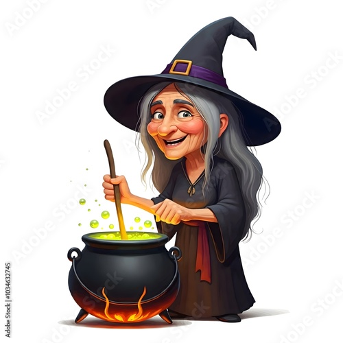 Whimsical Witch Brewing a Potion in Bubbling Cauldron photo