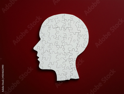 White puzzle pieces forming a human head silhouette on dark red background mental health and problem-solving concept 