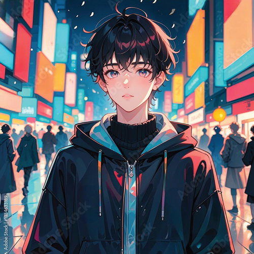 A Anime character young person with short, messy black hair and bright blue eyes stands in a vibrant city at night, surrounded by neon lights and glowing signs.