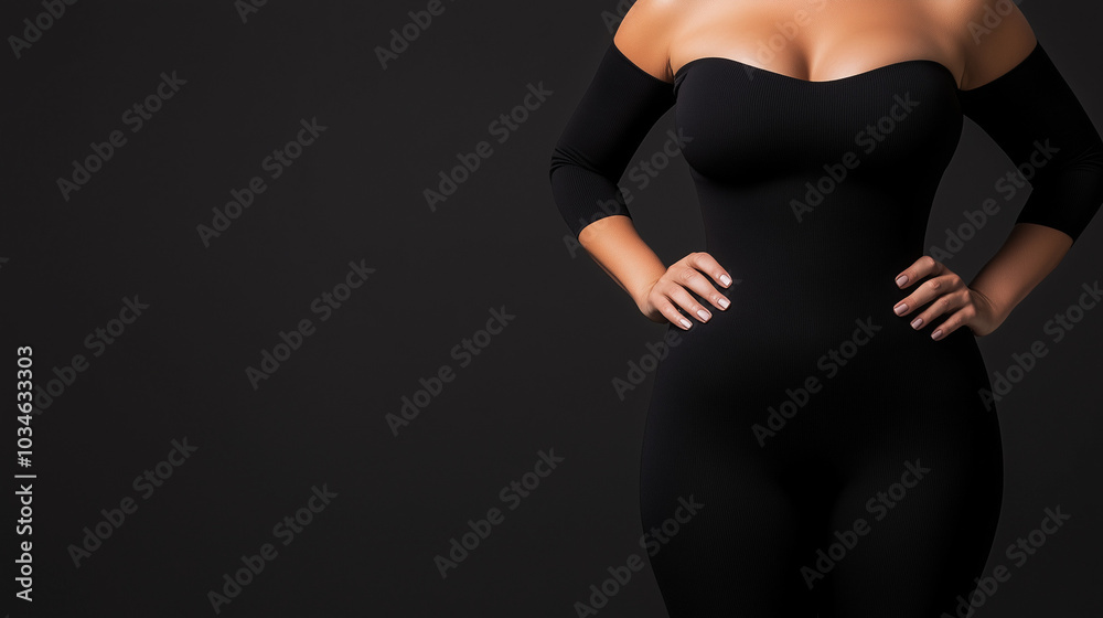 Fototapeta premium Woman wearing a form-fitting black bodysuit posing with hands on hips minimal fashion concept 