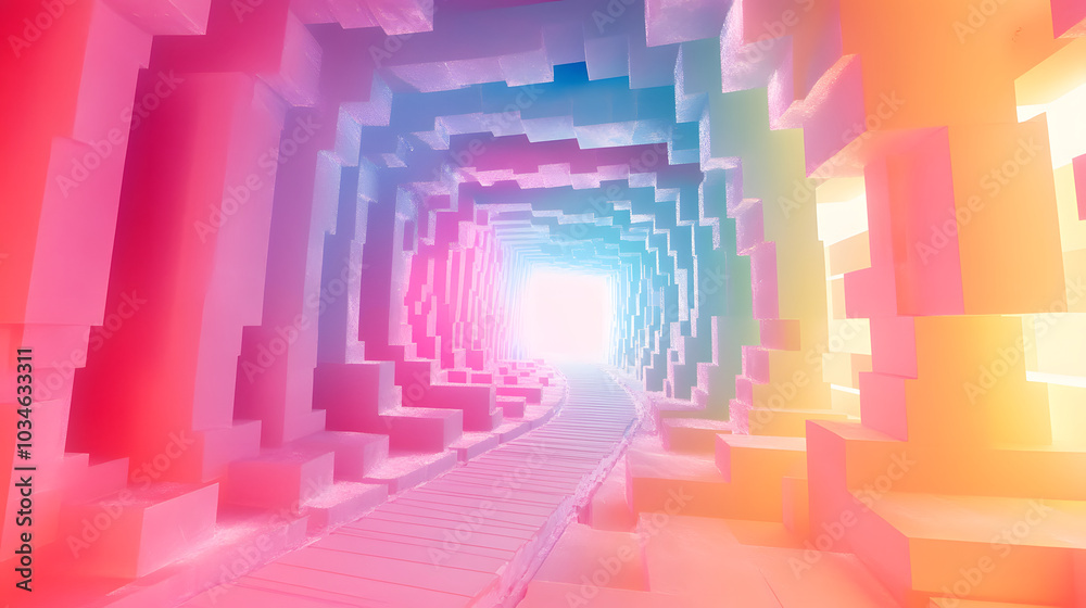 A tunnel made of interlocking cubes with shifting color gradients A tunnel made of interlocking cubes with shifting color gradients