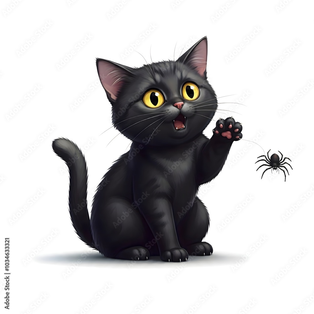 Fototapeta premium Playful black cat encounters tiny spider - vibrant illustration