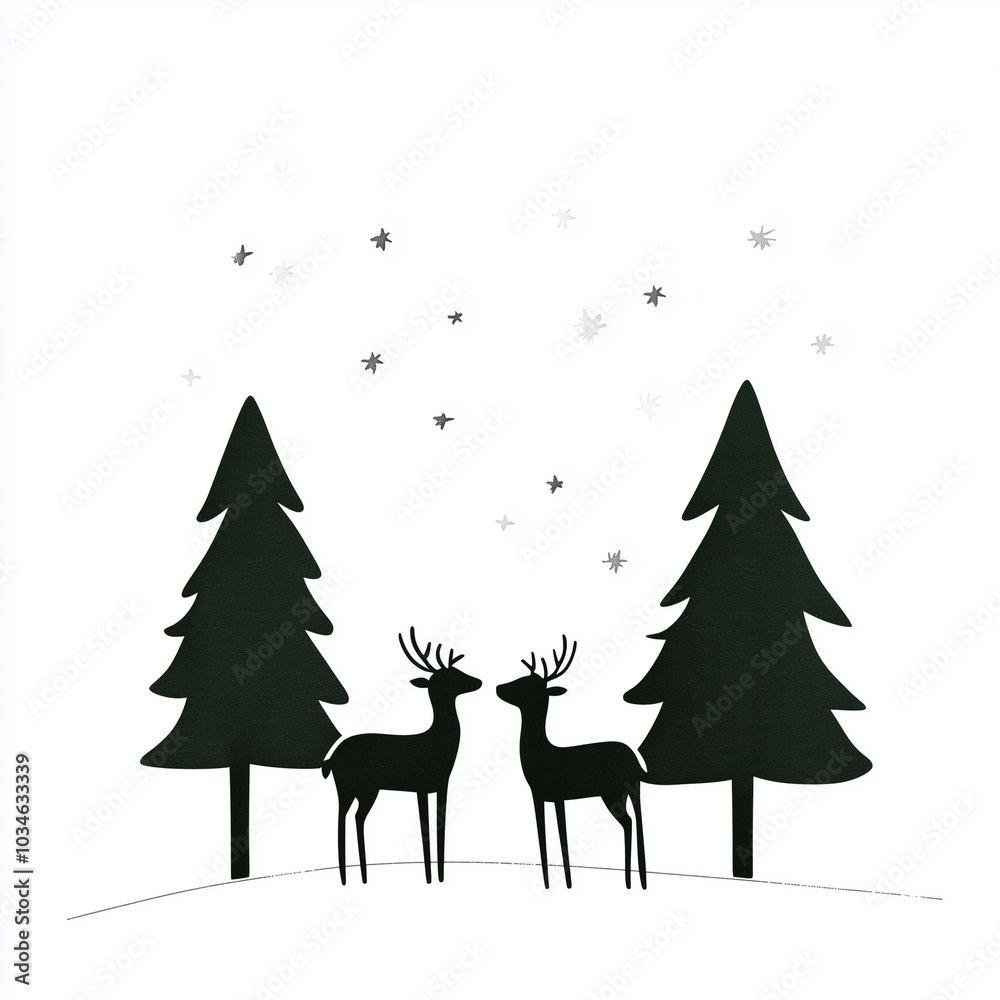 Naklejka premium Minimalist black and white illustration of two deer standing between trees under a starry sky 