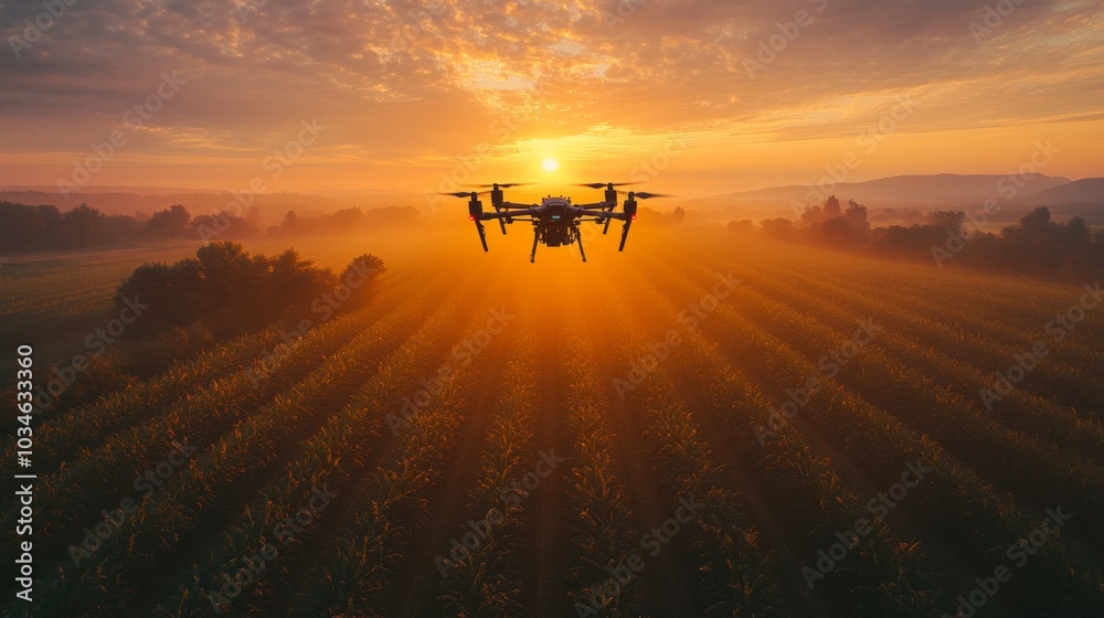 A drone hovers above expansive green fields as a stunning sunset paints the sky with warm colors. The peaceful rural landscape is bathed in soft light, highlighting the crops below. A drone hovers above expansive green fields as a stunning sunset paints the sky with warm colors. The peaceful rural landscape is bathed in soft light, highlighting the crops below.