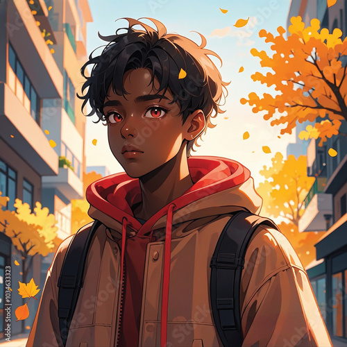 A anime character young person with curly hair, wearing a hoodie and backpack, stands on an autumn street, surrounded by orange trees.