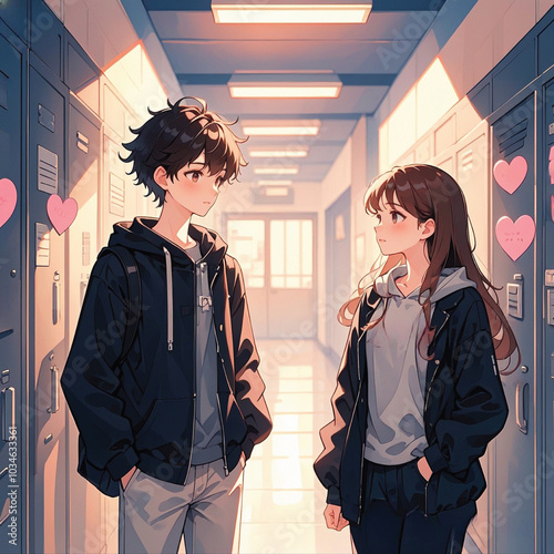A Anime character of Two students in hoodies converse in a sunlit school hallway adorned with heart-shaped notes on lockers.
