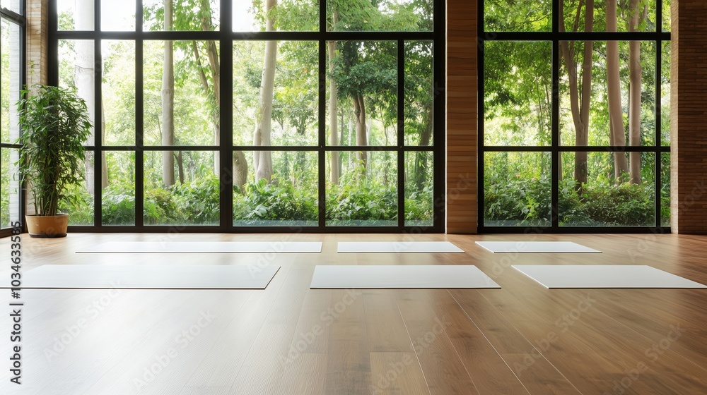 Obraz premium Spacious yoga studio with mats on wooden floor surrounded by large windows and green trees in a serene setting