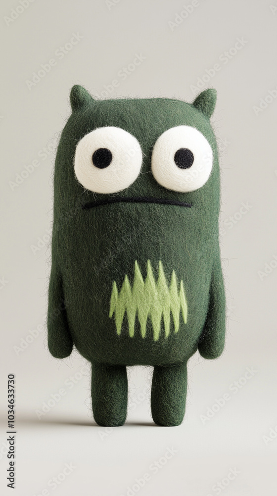Green fuzzy monster toy with large round eyes, cute felt creature character on neutral background
Green fuzzy monster toy with large round eyes, cute felt creature character on neutral background