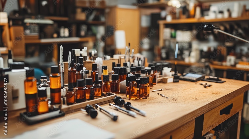 Aromatic Workshop with Bottles and Tools Aromatic Workshop with Bottles and Tools
