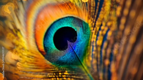 A close-up view of a peacock feather, showcasing its vibrant colors and intricate pattern