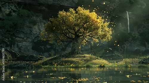 Enchanted Forest: A Tranquil Lake with a Golden Tree