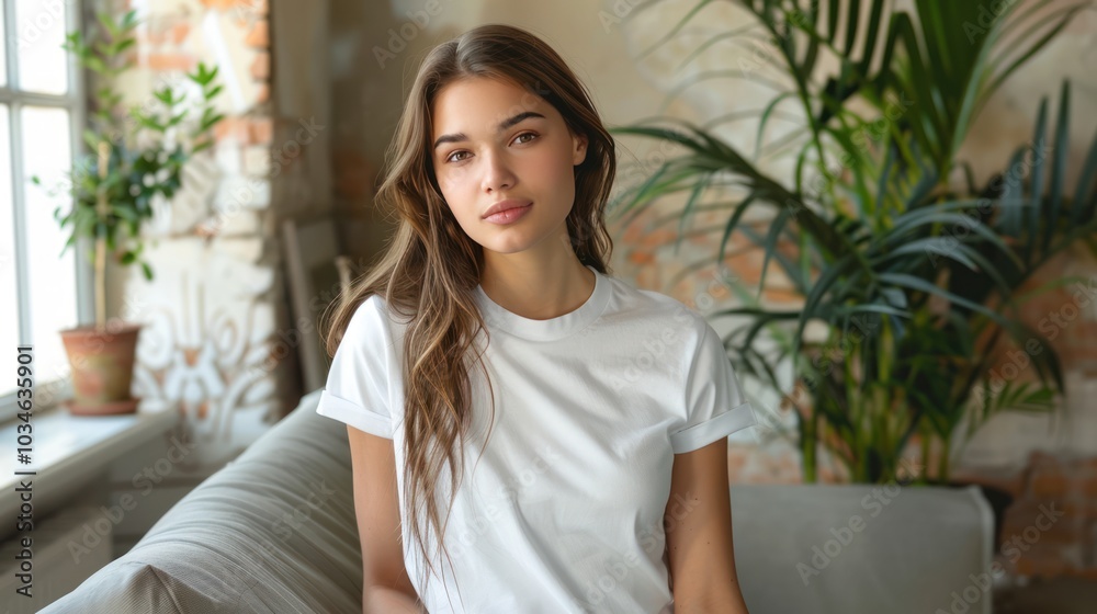 Minimalist Fashion: White Oversized T-Shirt Mockup for Women, Model Wearing Blank Tee with Jeans, Standing in Room with Plant Minimalist Fashion: White Oversized T-Shirt Mockup for Women, Model Wearing Blank Tee with Jeans, Standing in Room with Plant