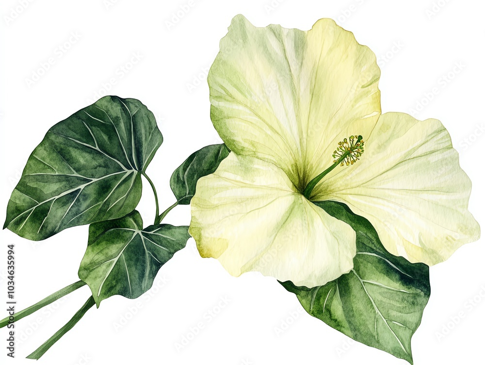 A single, creamy white hibiscus flower with green leaves, painted in a watercolor style. A single, creamy white hibiscus flower with green leaves, painted in a watercolor style.