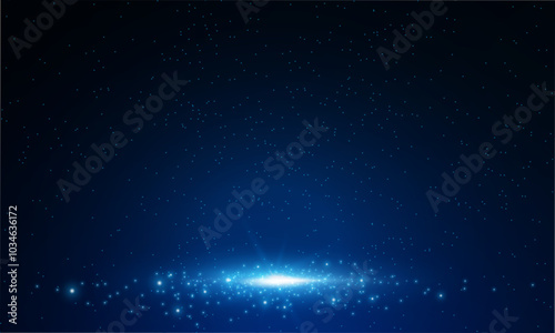Blue glowing light glitter background effect. Magical star dust sparks light effect in explosion on black background.