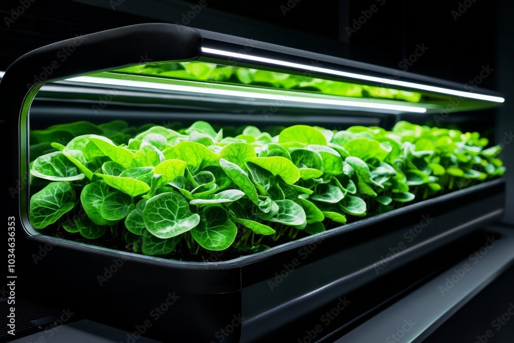 A vertical indoor garden with Gaultheria plants, thriving under smart LED lighting A vertical indoor garden with Gaultheria plants, thriving under smart LED lighting