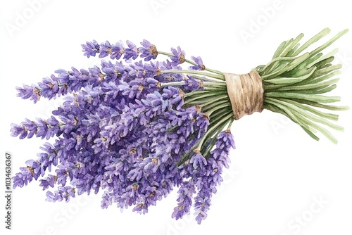 A watercolor painting of a bunch of lavender flowers tied together with twine.