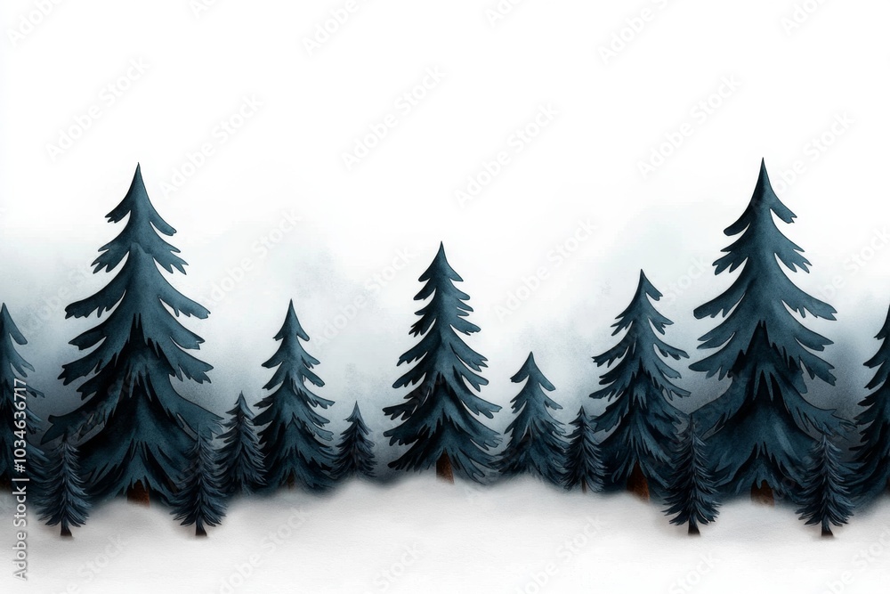 Obraz premium A watercolor landscape with ash green trees, merging softly into a foggy background