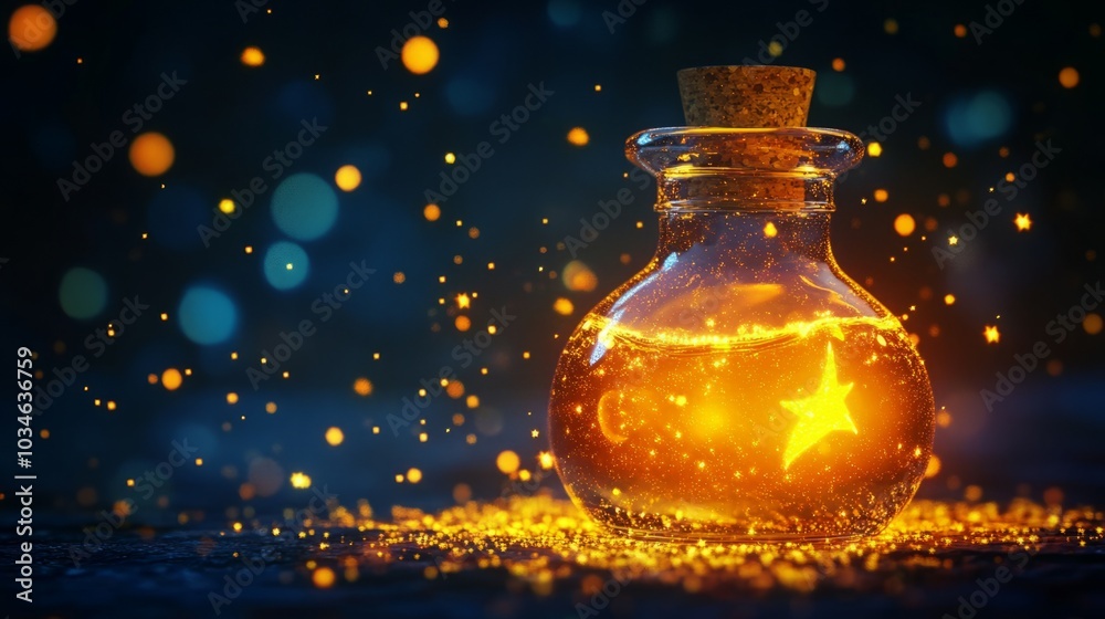 Glass jar glowing with golden light and sparkles, magical atmosphere. Glass jar glowing with golden light and sparkles, magical atmosphere.