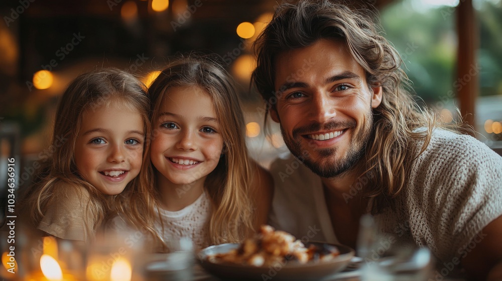 A father shares warm smiles and laughter with his two daughters during a delightful summer dinner under soft lighting in a cozy outdoor environment. A father shares warm smiles and laughter with his two daughters during a delightful summer dinner under soft lighting in a cozy outdoor environment.