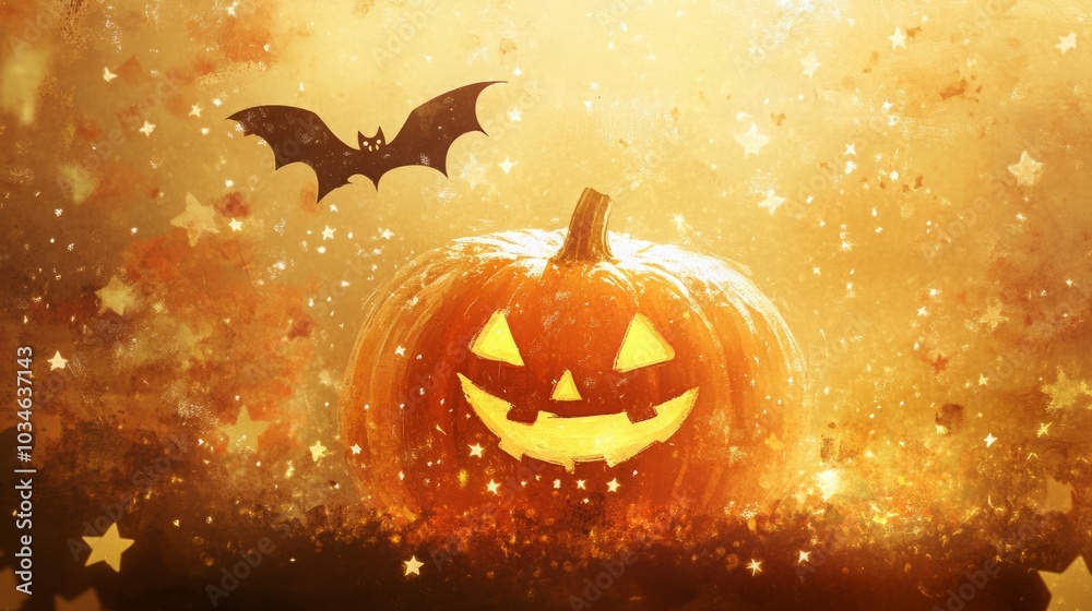 Naklejka premium A glowing Halloween pumpkin with a bat, surrounded by shimmering stars and an eerie atmosphere.