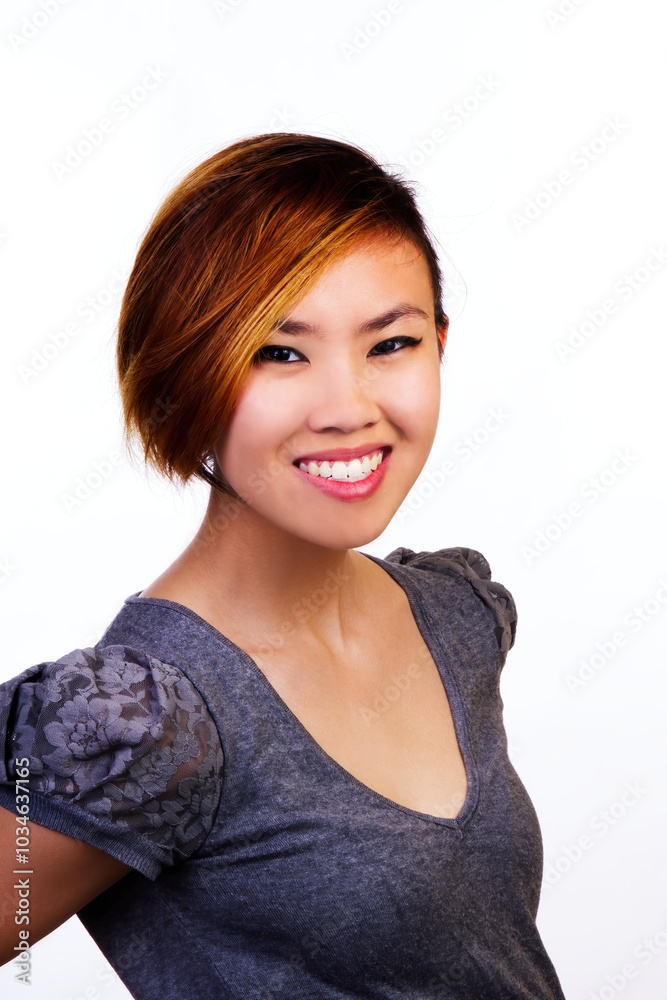 Portrait Of Young Asian American Woman Against White Background Portrait Of Young Asian American Woman Against White Background