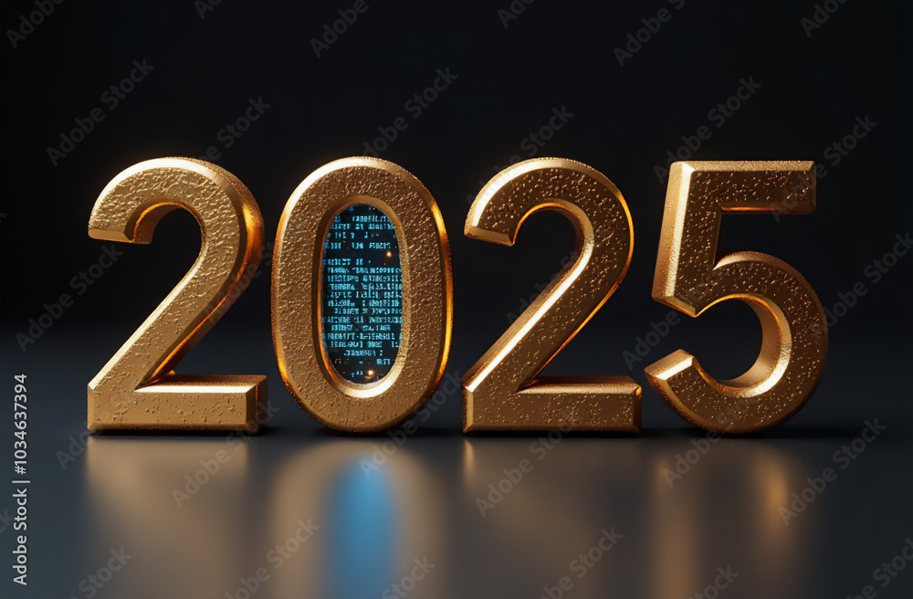 Golden 2025 numbers with digital elements behind them in a dark setting Golden 2025 numbers with digital elements behind them in a dark setting