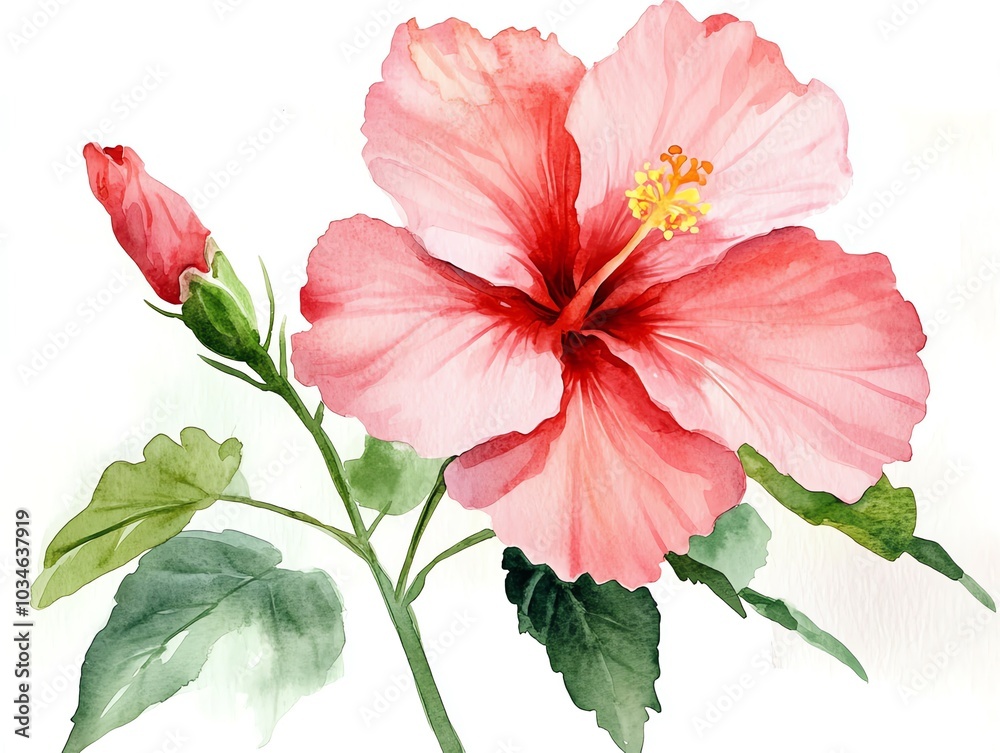 A delicate watercolor painting of a pink hibiscus flower with a bud and green leaves on a white background. A delicate watercolor painting of a pink hibiscus flower with a bud and green leaves on a white background.